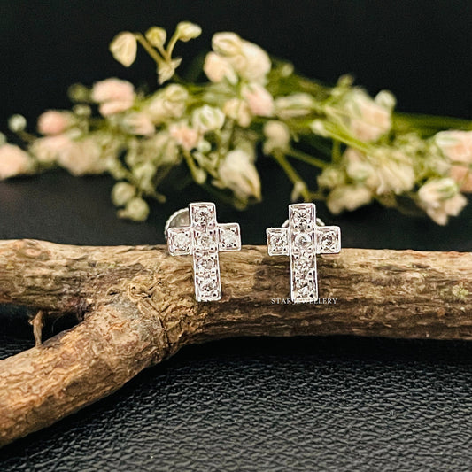 14K Gold Diamond Cross Stud Earrings
