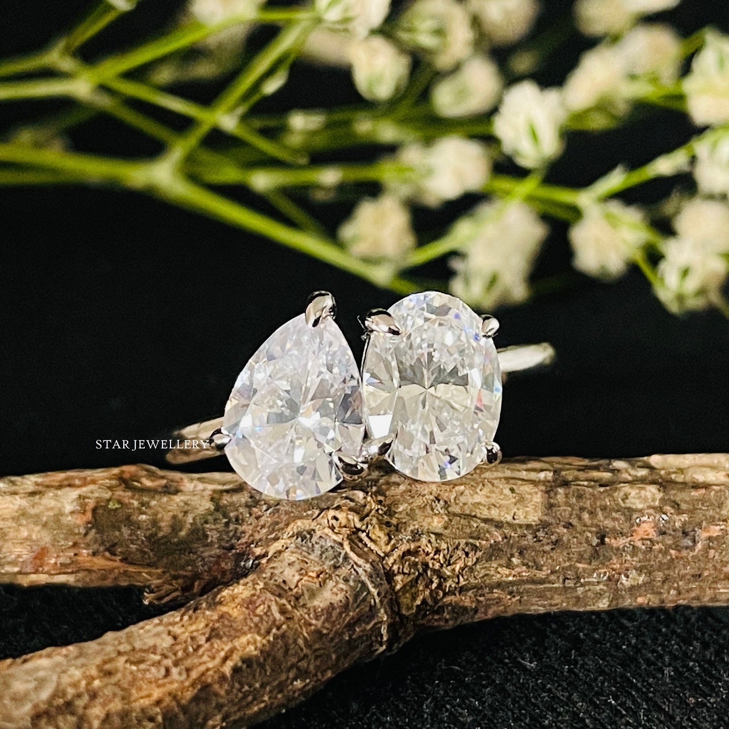 14K Solid Gold Toi Et Moi Pear Cut & Oval Cut Moissanite Ring