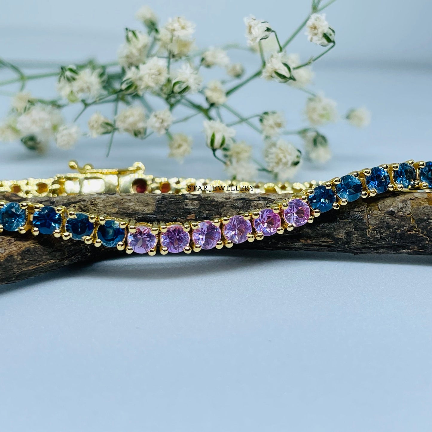 14K Solid Gold Natural Multi Sapphire Tennis Bracelet