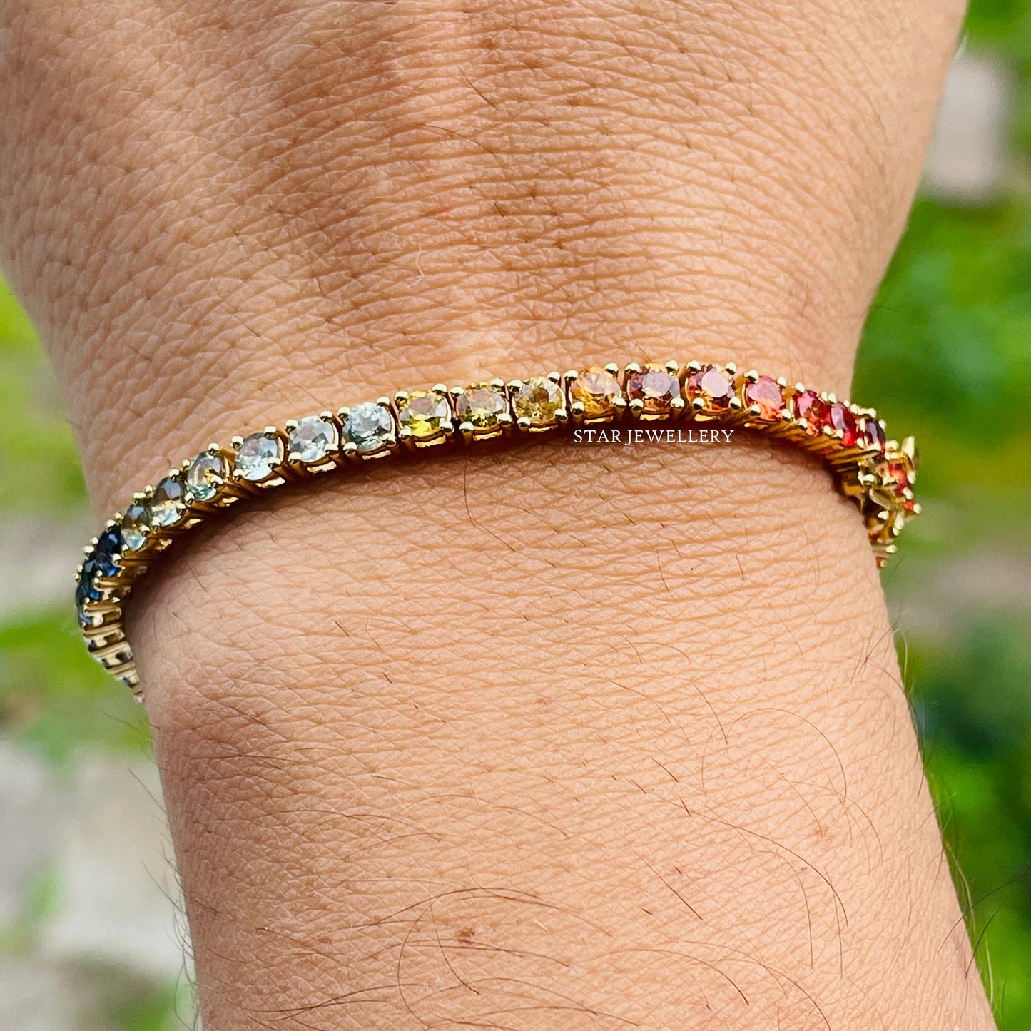 14K Solid Gold Natural Multi Sapphire Tennis Bracelet
