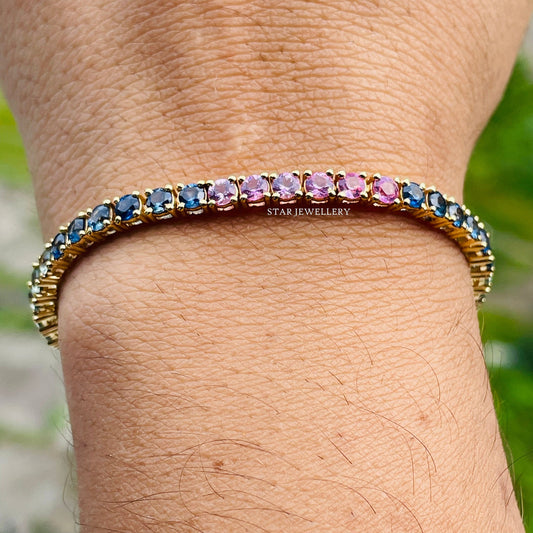14K Solid Gold Natural Multi Sapphire Tennis Bracelet
