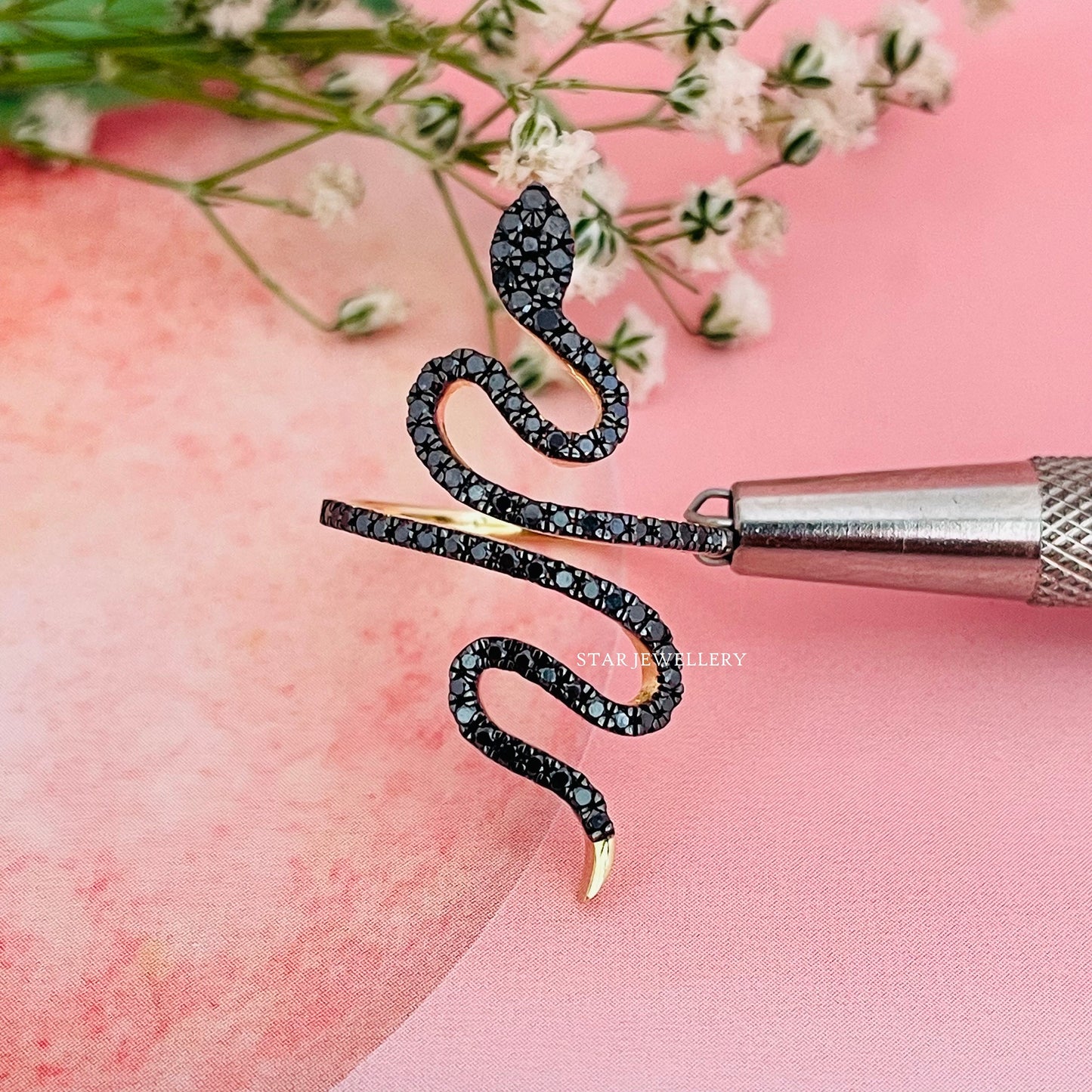 14K Solid Gold Natural Black Diamond Vintage Snake Ring