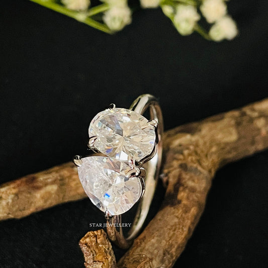 14K Solid Gold Toi Et Moi Pear Cut & Oval Cut Moissanite Ring