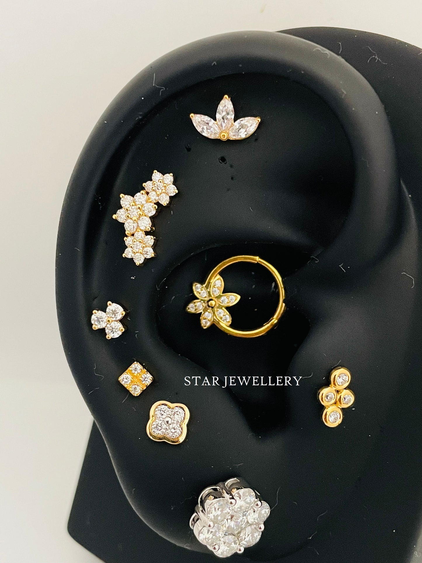 14K Solid Gold Natural Diamond Floral Daith Piercing