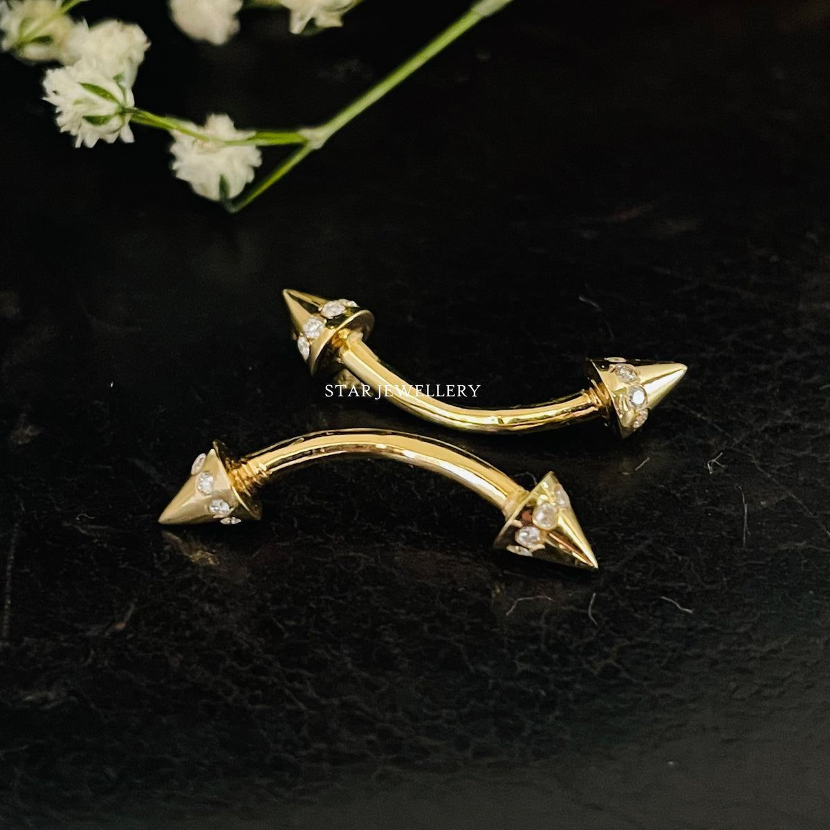 14K Gold Diamond Spike Barbell Piercing: Daith, Eyebrow