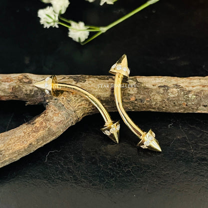 14K Gold Diamond Spike Barbell Piercing: Daith, Eyebrow
