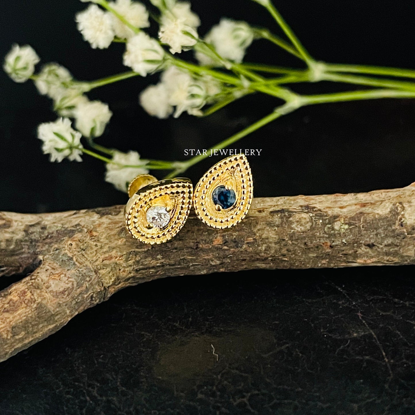 14K Solid Gold Natural Sapphire Pear Stud