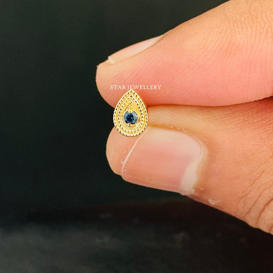 14K Solid Gold Natural Sapphire Pear Stud
