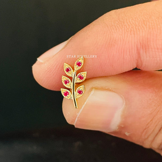 Natural Ruby Solid Gold Leaf Earring