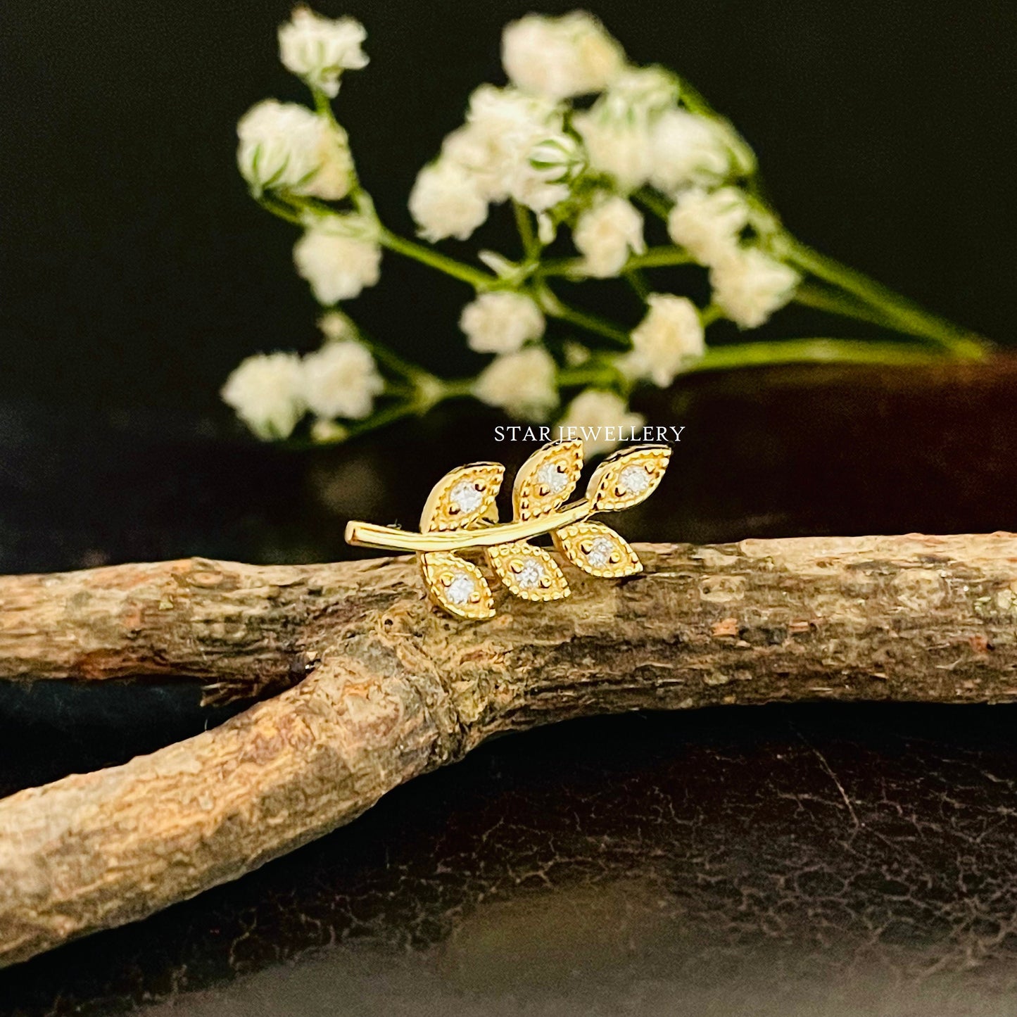 Solid Gold Diamond Leaf Earring