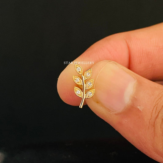 Solid Gold Diamond Leaf Earring