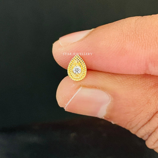 14K Solid Gold Natural Diamond Pear Stud