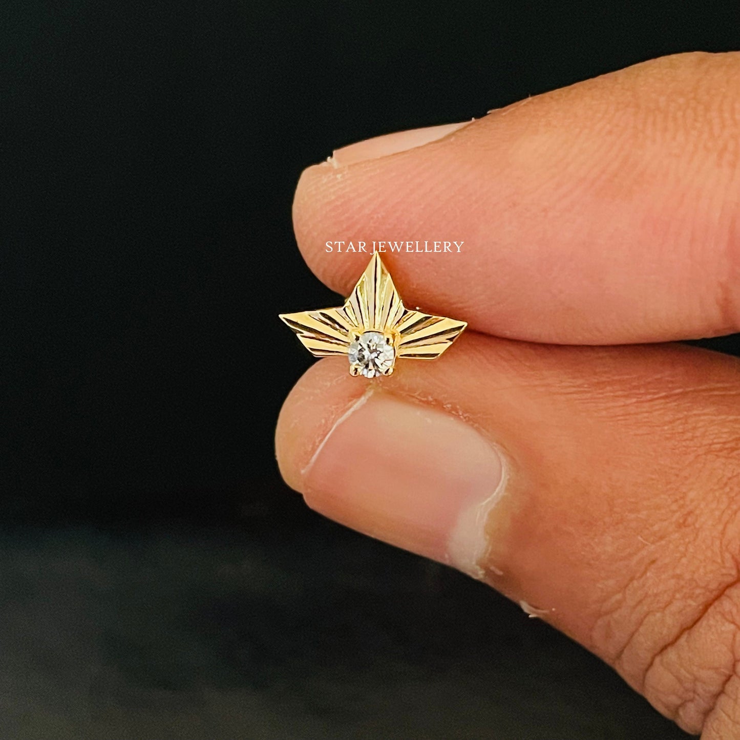 14K Solid Gold Diamond Half Lotus Stud Earring