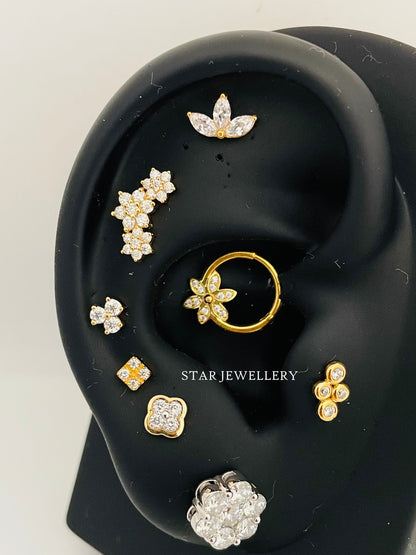 14K Solid Gold Leaf Stud Diamond Piercing