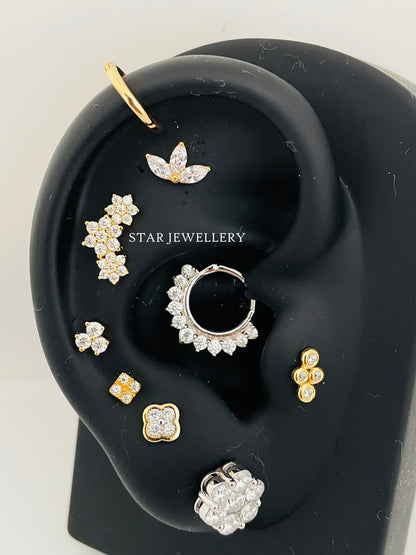 14K Solid Gold Leaf Stud Diamond Piercing