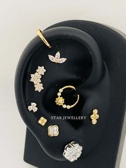Bezel Set Natural Diamond Flower Daith Piercing