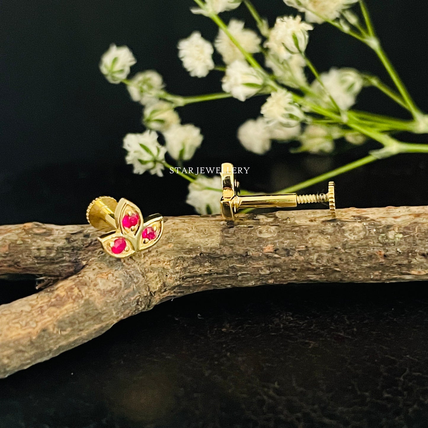 Natural Ruby Lotus Stud Ear Piercing