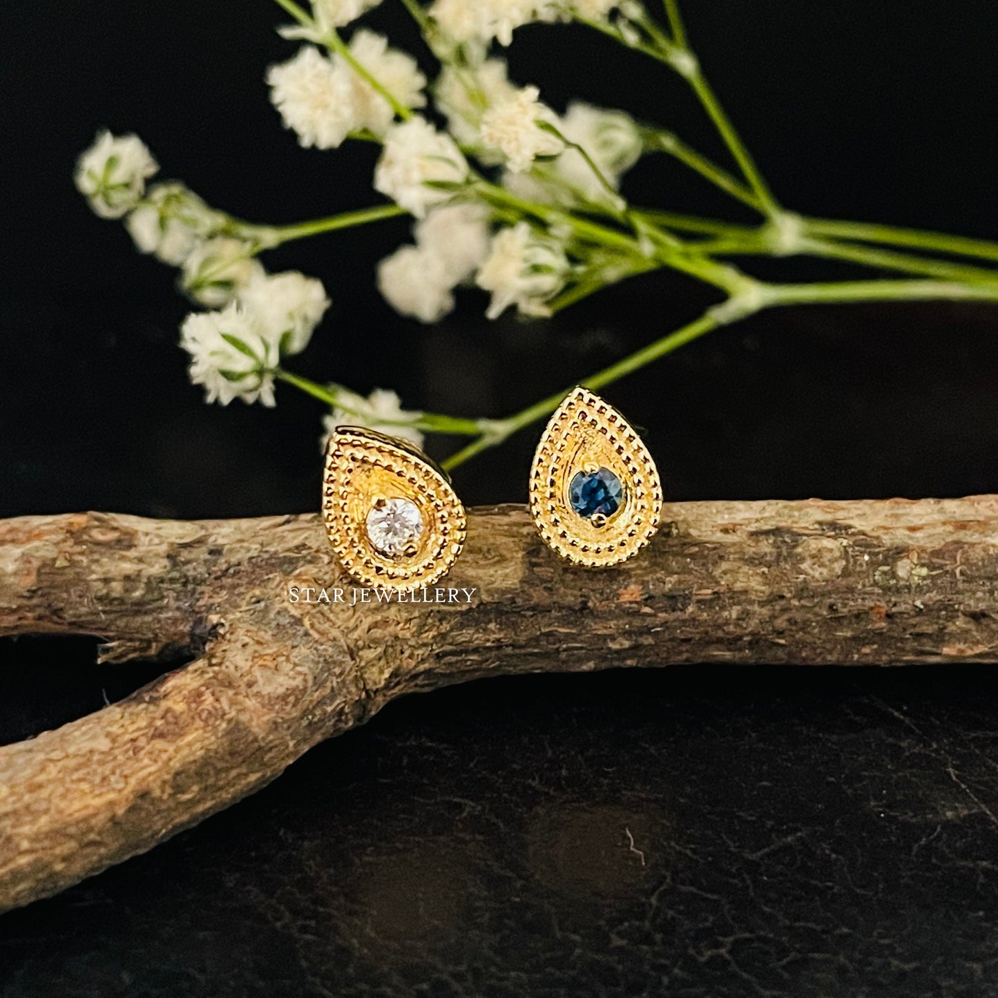 14K Solid Gold Natural Sapphire Pear Stud