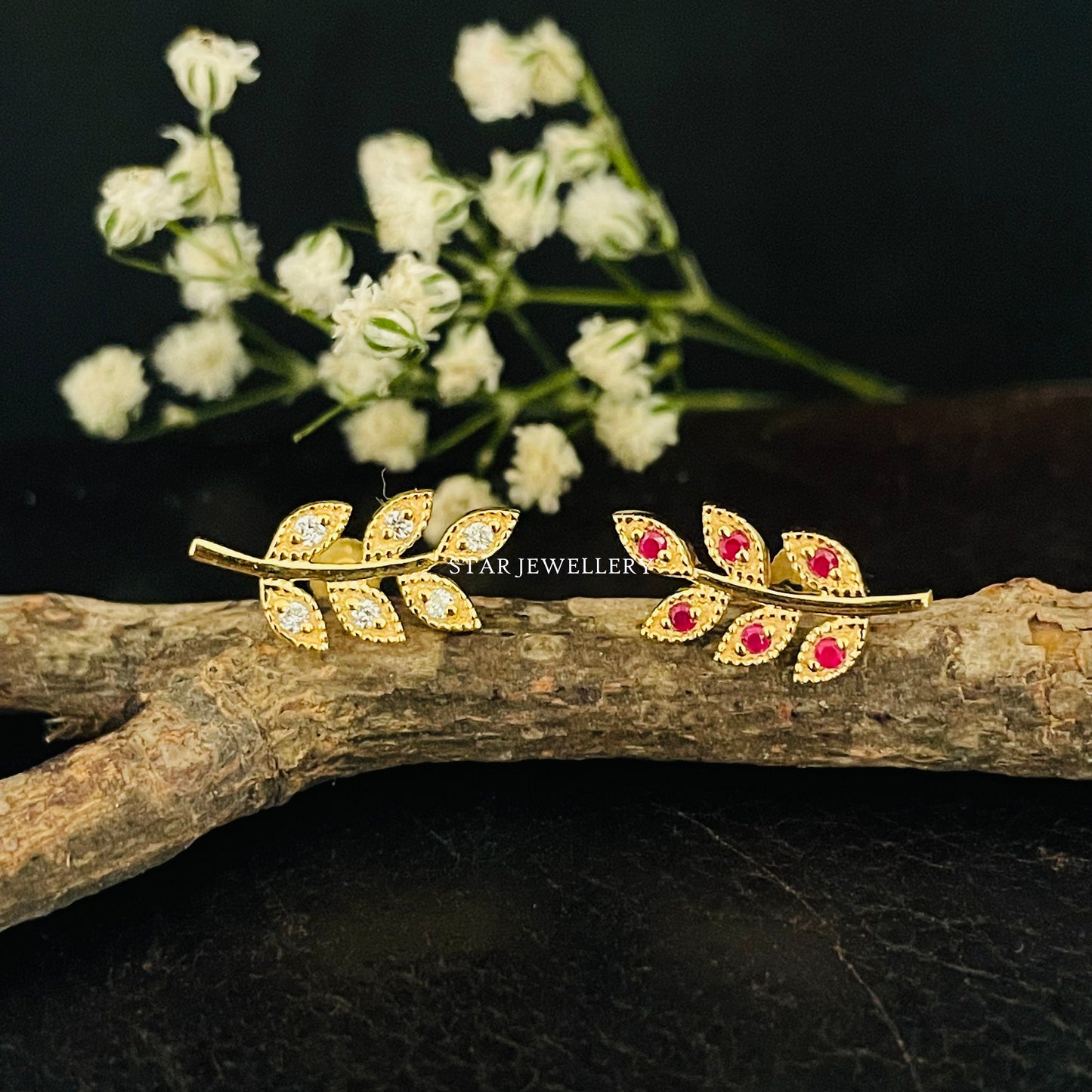 Natural Ruby Solid Gold Leaf Earring