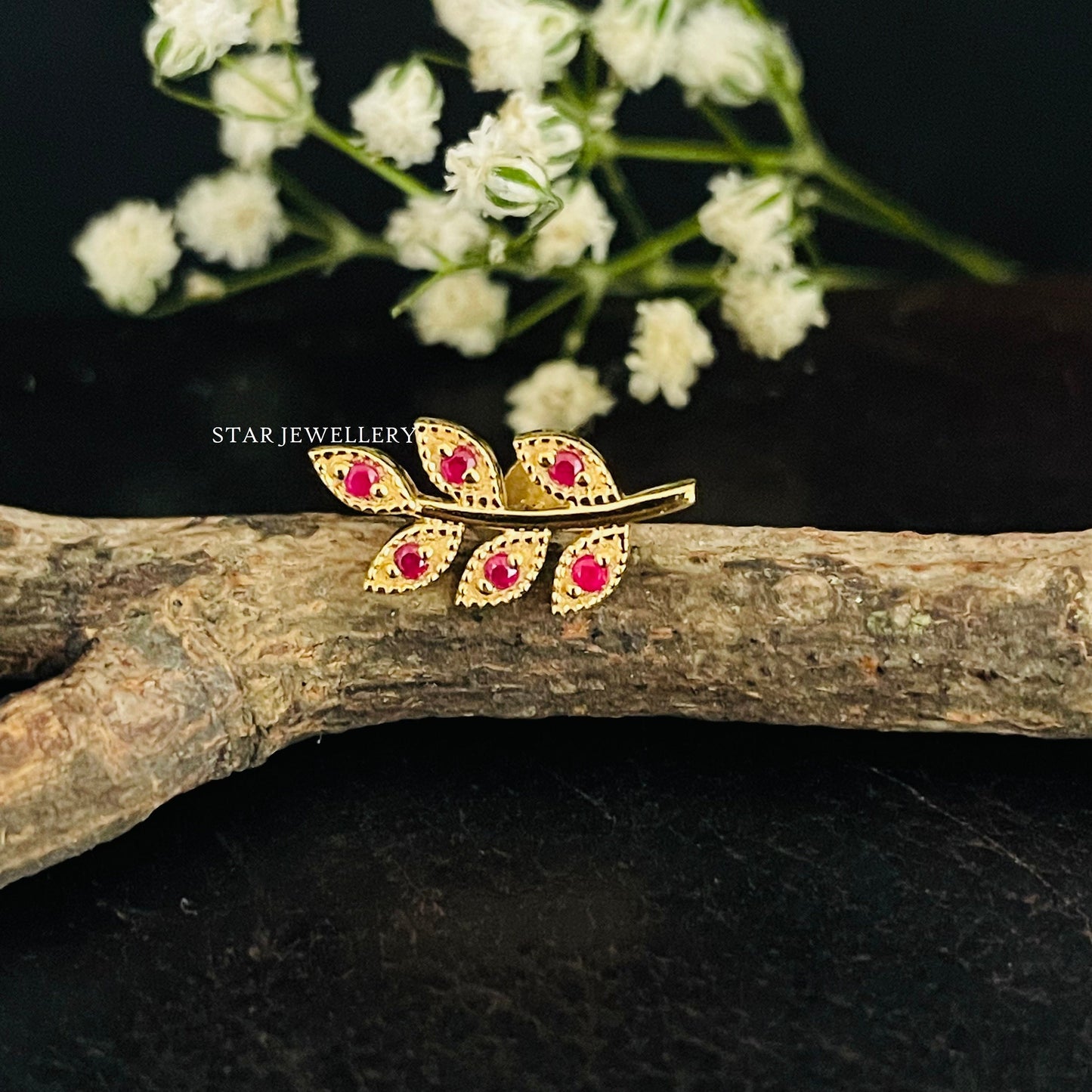 Natural Ruby Solid Gold Leaf Earring