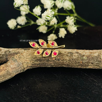 Natural Ruby Solid Gold Leaf Earring