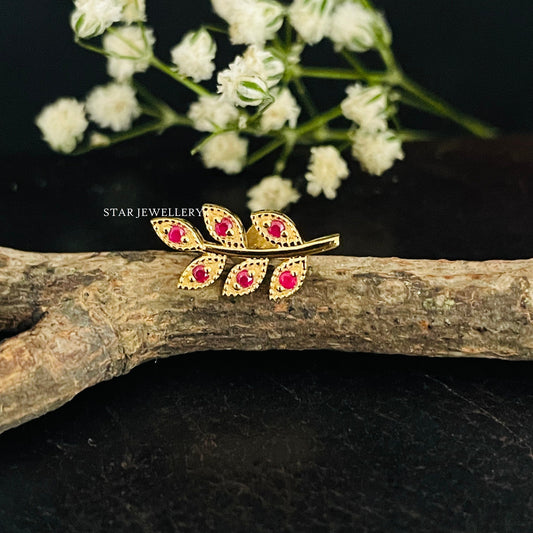 Natural Ruby Solid Gold Leaf Earring
