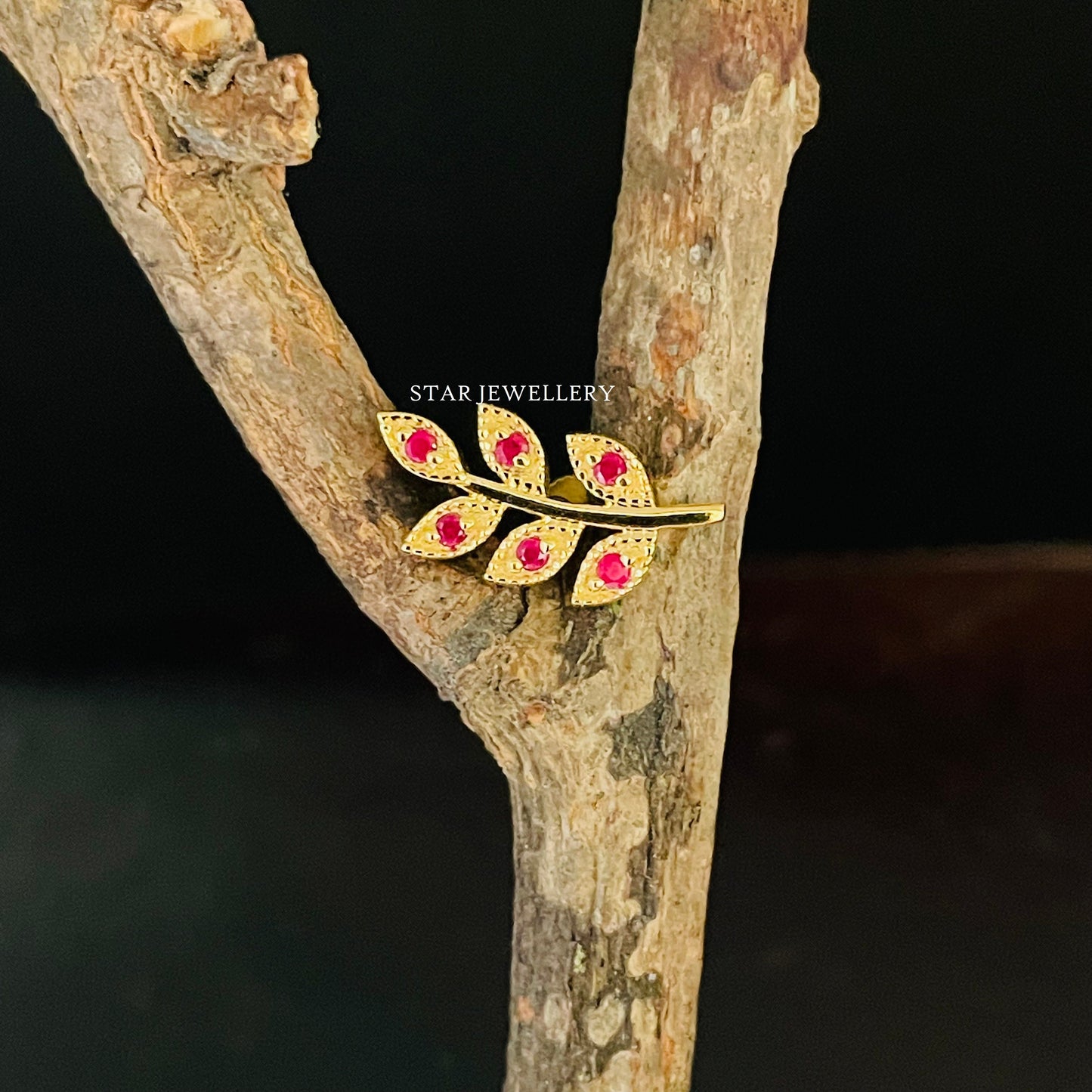 Natural Ruby Solid Gold Leaf Earring
