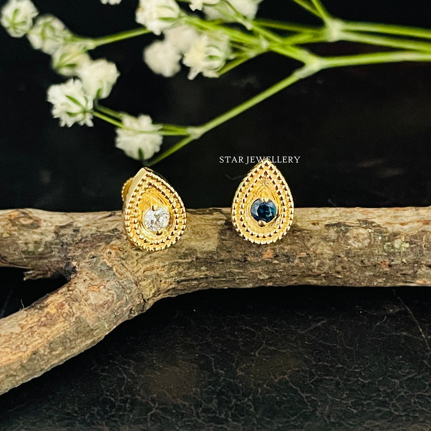 14K Solid Gold Natural Diamond Pear Stud