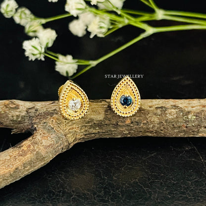 14K Solid Gold Natural Diamond Pear Stud