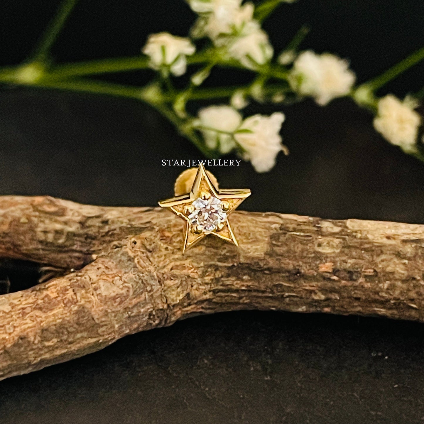 14K Solid Gold Natural Diamond Star Nose/Ear Stud