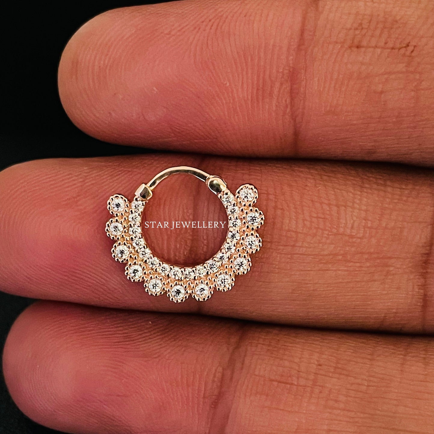 14K Gold Bezel Set Diamond Miligrain Septum Nose Ring