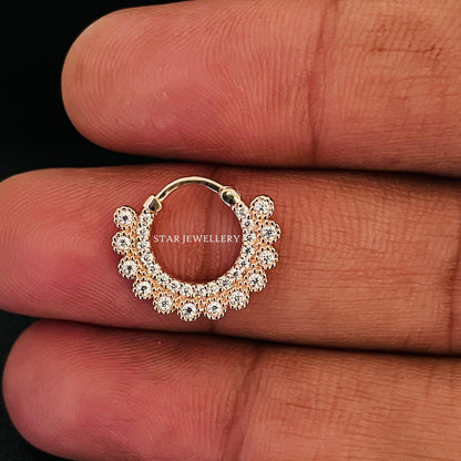 14K Gold Bezel Set Diamond Miligrain Septum Nose Ring