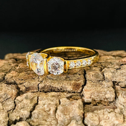 14K Solid Gold Three Stone Bar Set Moissanite Ring