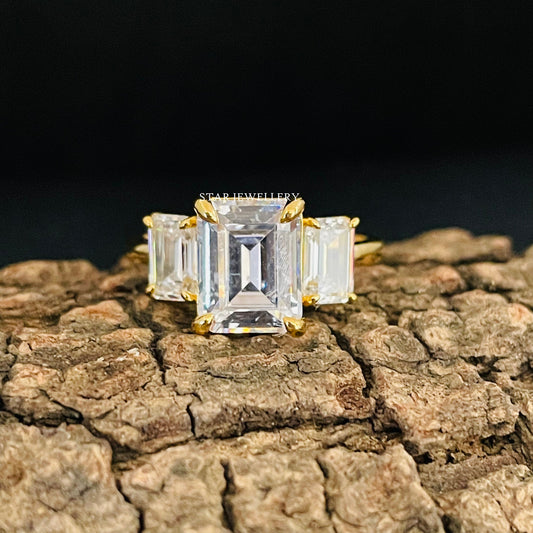 Emerald Cut Three Stone Moissanite Engagement Ring
