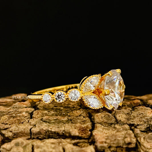 Art Deco Brilliant Round Cut Colorless Moissanite Miligrain Engagement Ring