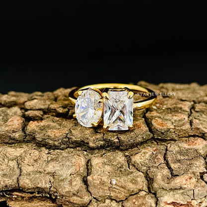 14K Solid Gold Colorless Oval & Radiant Cut Toi Et Moi Engagement Ring