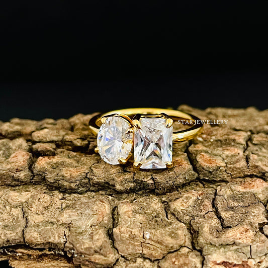 14K Solid Gold Colorless Oval & Radiant Cut Toi Et Moi Engagement Ring