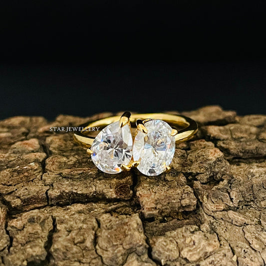 14K Solid Gold Toi Et Moi Pear Cut & Oval Cut Moissanite Ring