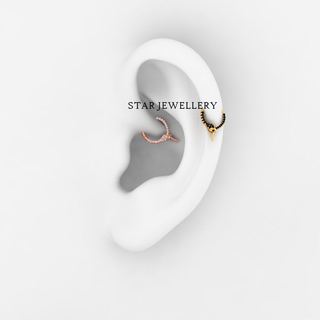 Natural Black Diamond 14K Solid Gold Snake Daith Piercing