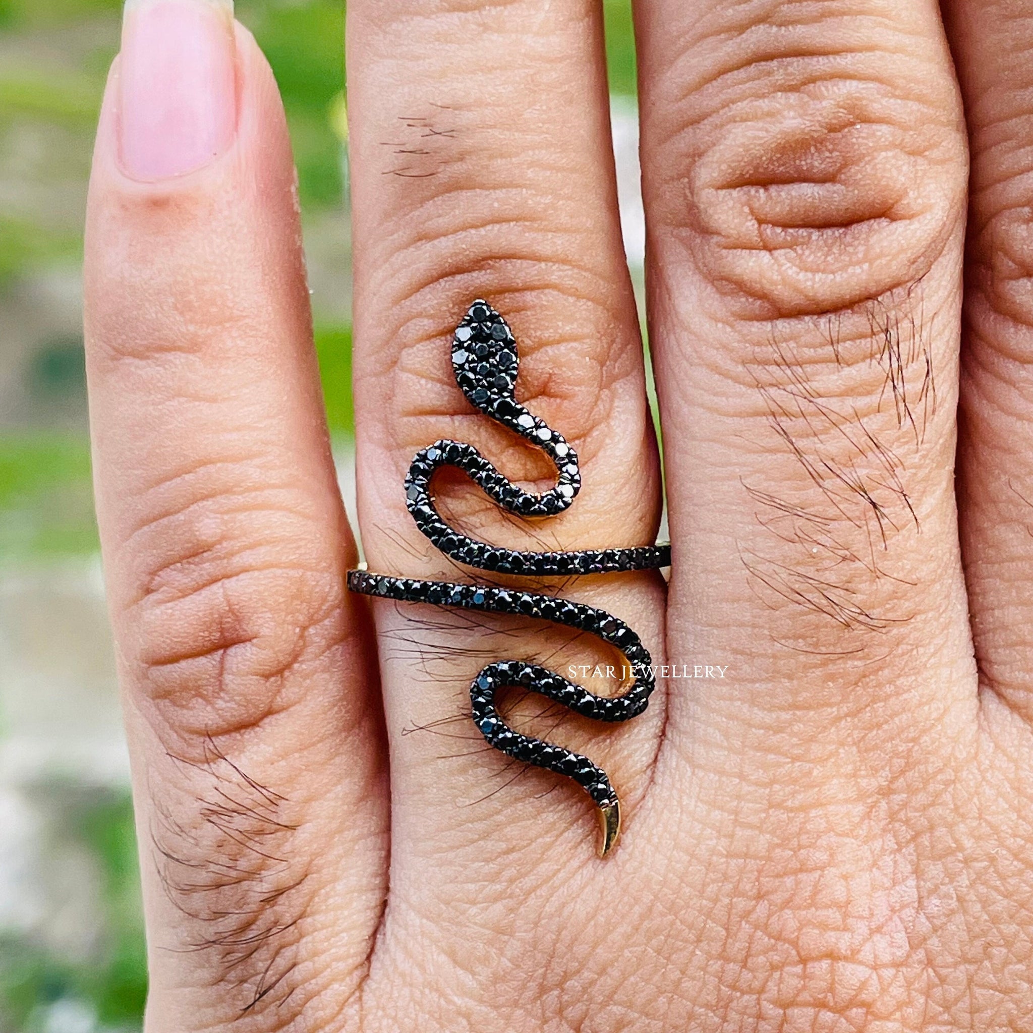 14K Solid Gold Natural Black Diamond Vintage Snake Ring