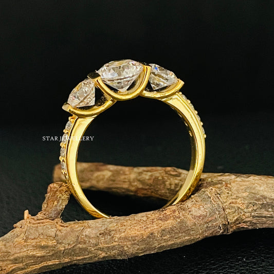 14K Solid Gold Three Stone Bar Set Moissanite Ring
