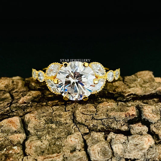 Art Deco Brilliant Round Cut Colorless Moissanite Miligrain Engagement Ring