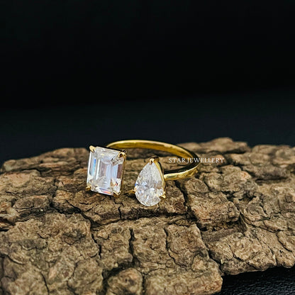 Toi Et Moi Emerald Cut and Pear Cut Moissanite Ring
