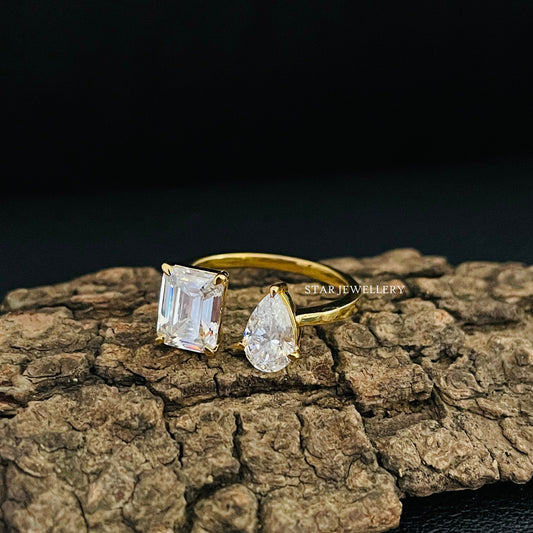Toi Et Moi Emerald Cut and Pear Cut Moissanite Ring