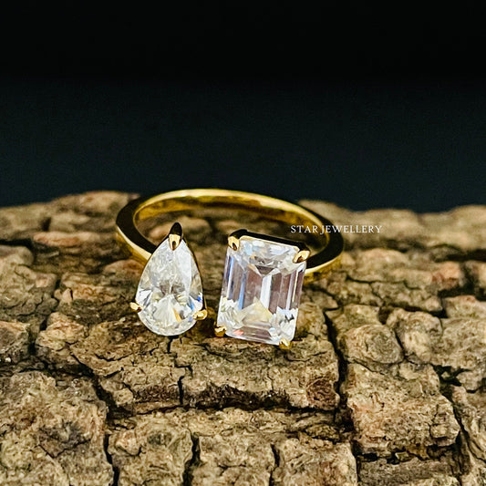 Toi Et Moi Pear Cut and Emerald Cut Moissanite Solid Gold Ring