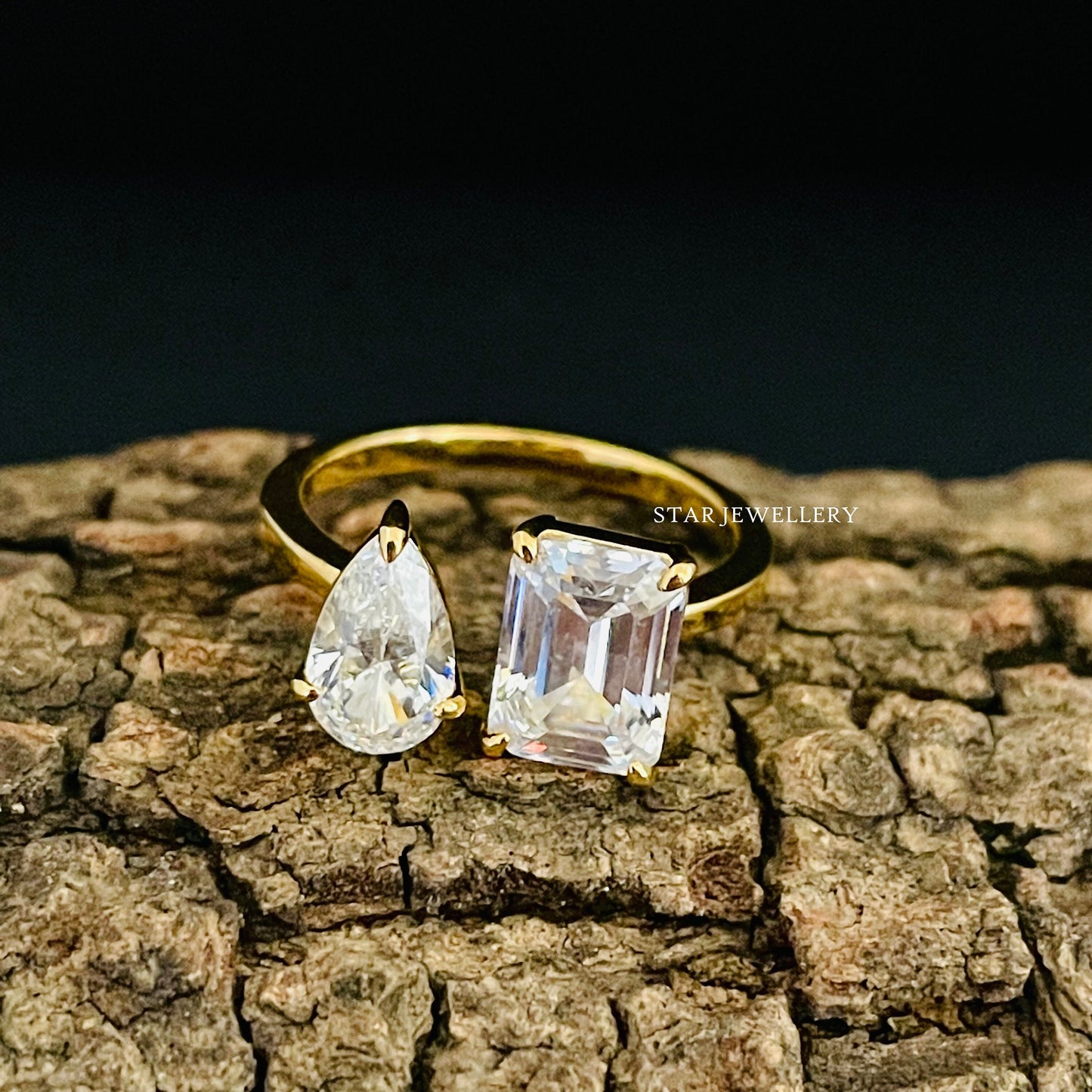 Toi Et Moi Pear Cut and Emerald Cut Lab Grown Diamond Gold Ring