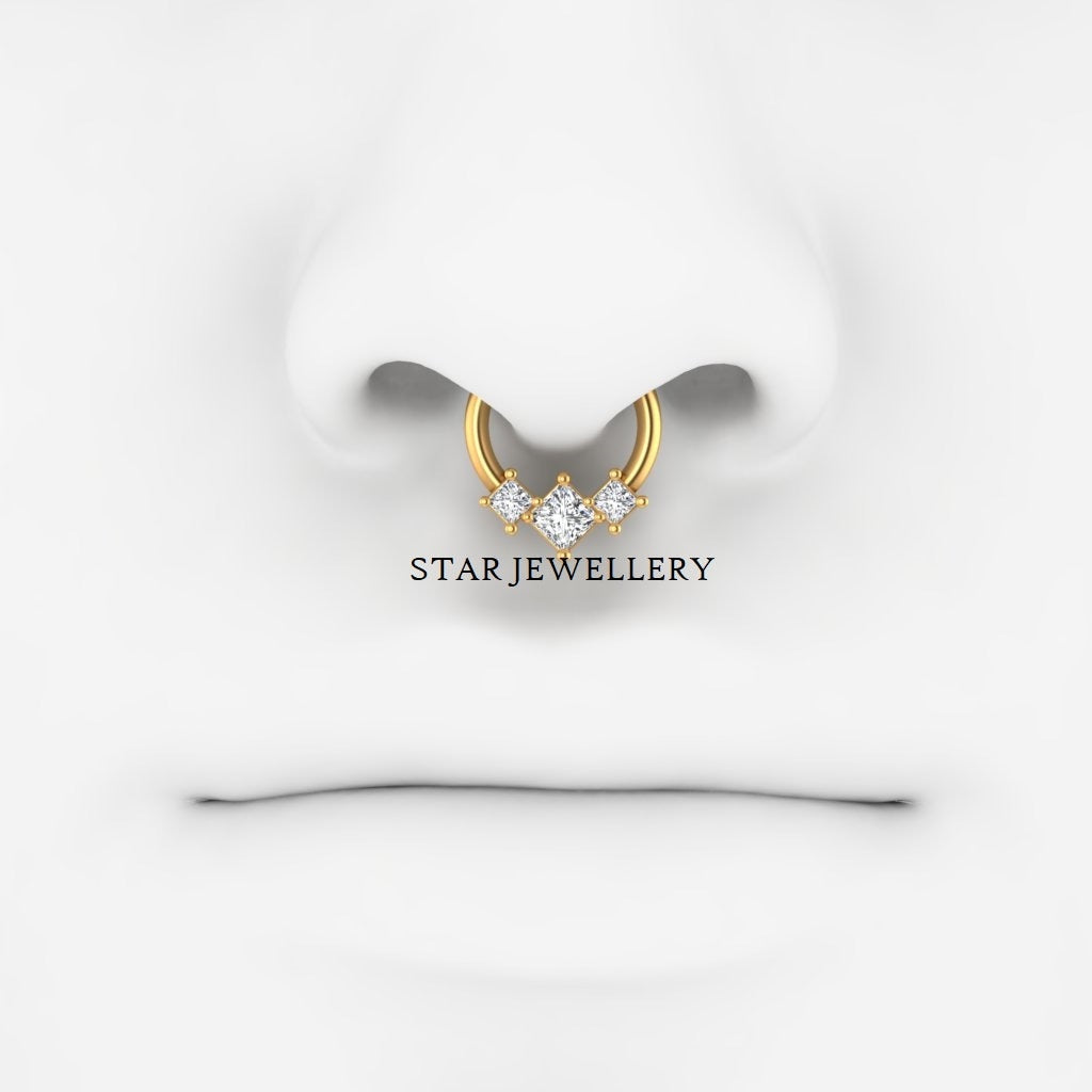 Genuine Princess Cut Diamond Trio Stone Septum Clicker