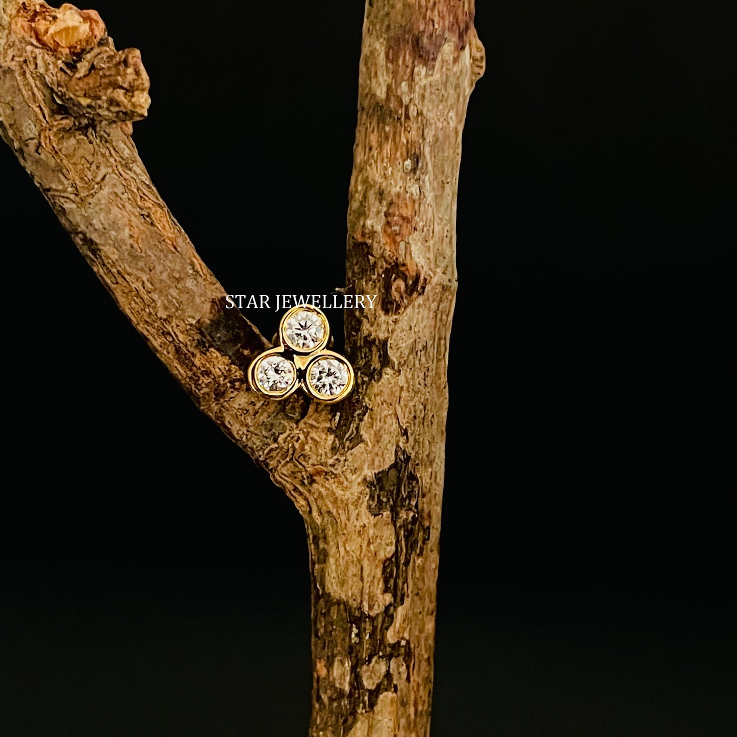 Three Stone Genuine Bezel Set Diamond 14K Gold Earring