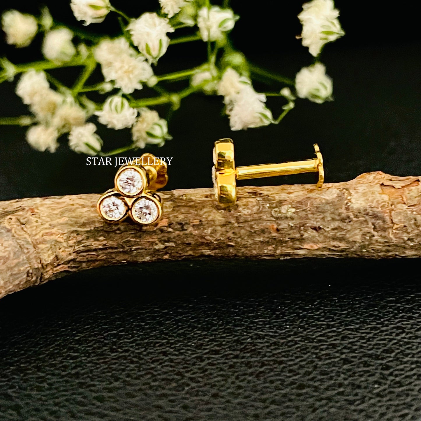 Three Stone Genuine Bezel Set Diamond 14K Gold Earring