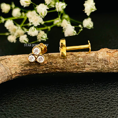Three Stone Genuine Bezel Set Diamond 14K Gold Earring